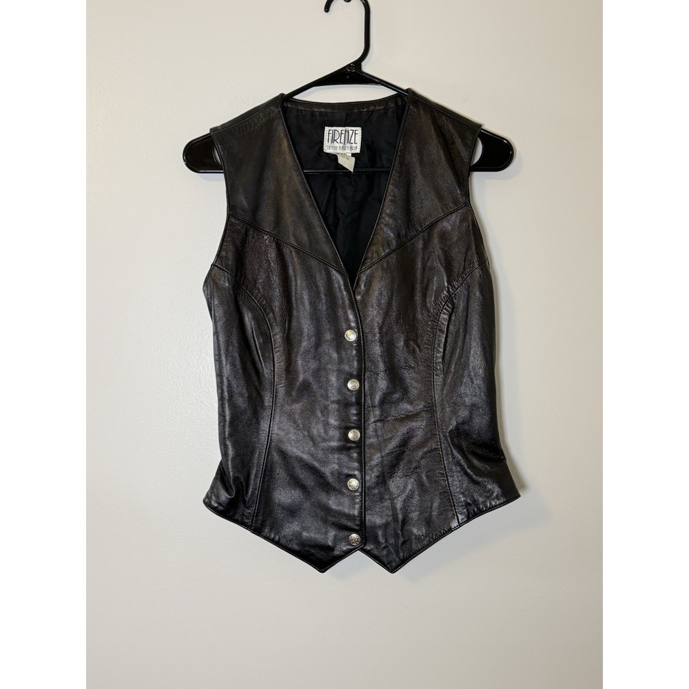 VTG 80s 90s Firenze Santa Barbara Black Leather Vest  Moto Goth USA Small